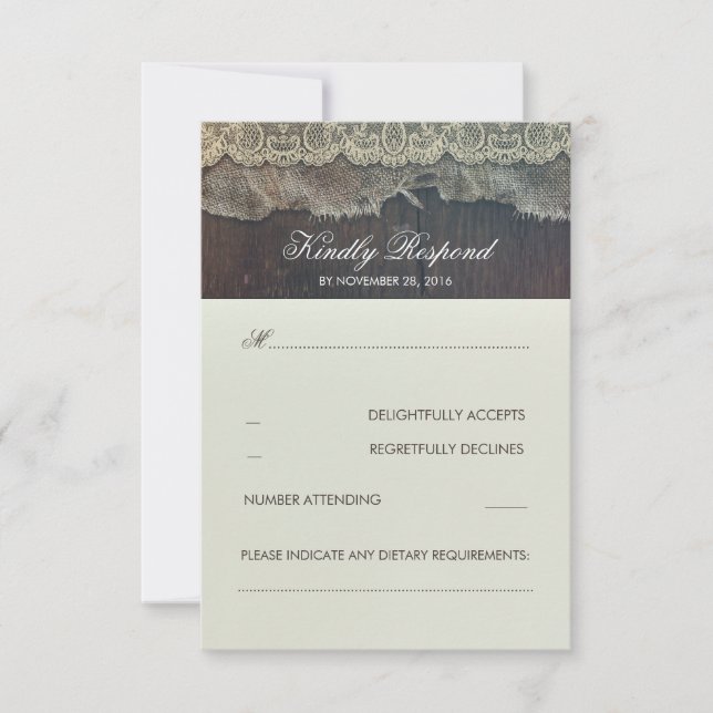 Dentelle Burlap et mariage rustique en bois RSVP (Devant)