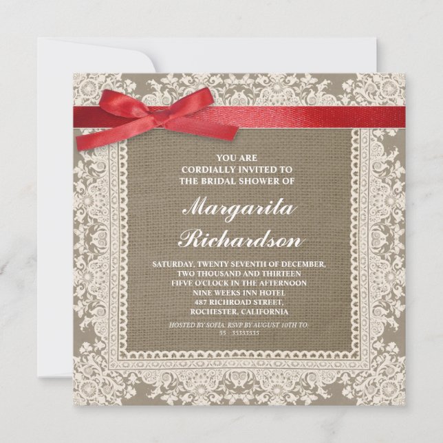 dentelle burlap et ruban rouge invitations de douc (Devant)