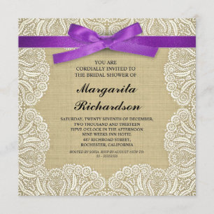 dentelle burlap & ruban violet invitations de douc