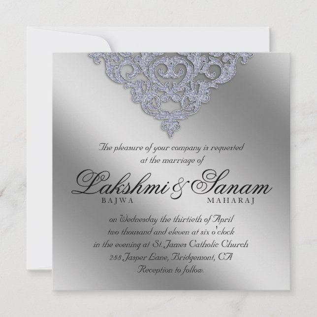Dentelle d'argent du Invitation de Mariage damassé (Devant)