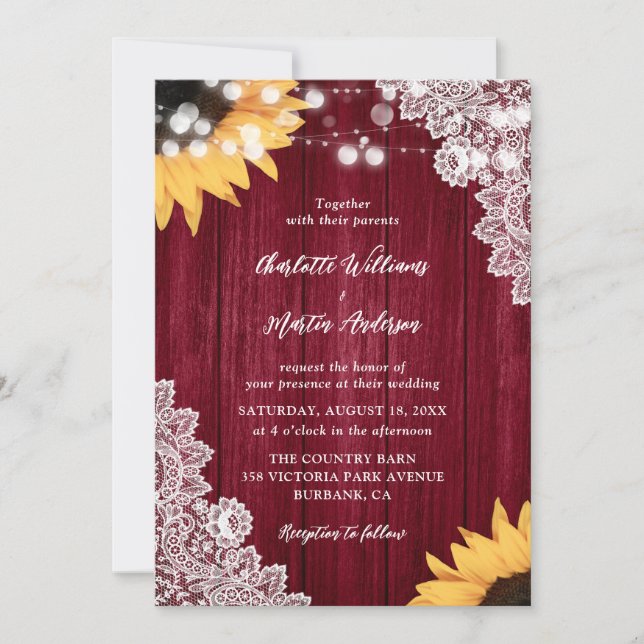 Dentelle de bois Tournesol Bourgogne Invitations d (Devant)