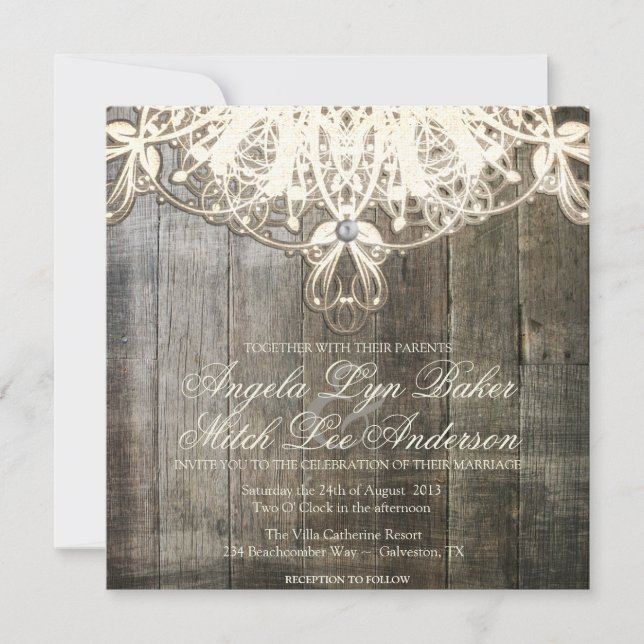 Dentelle de pays et faire-part de mariage rustique (Devant)