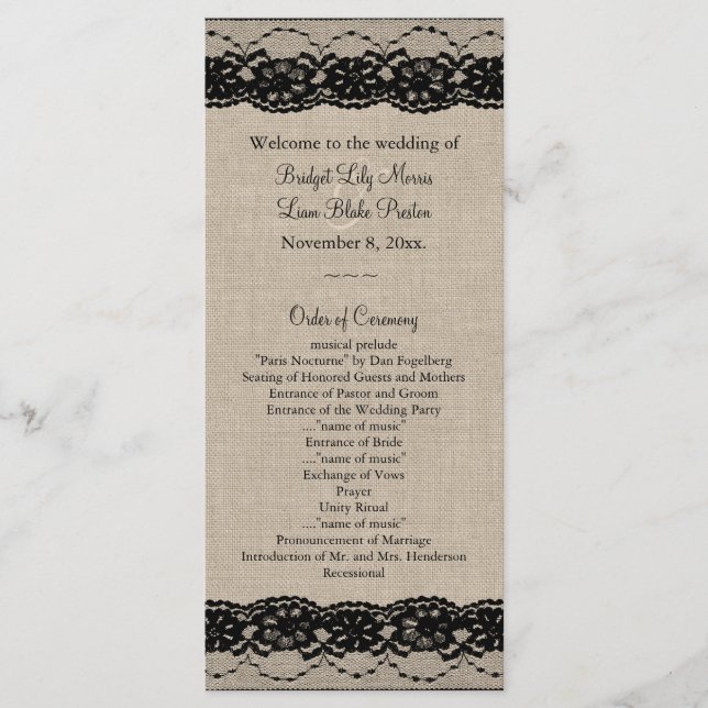 Dentelle en noir sur Burlap Programme de mariage (Devant)