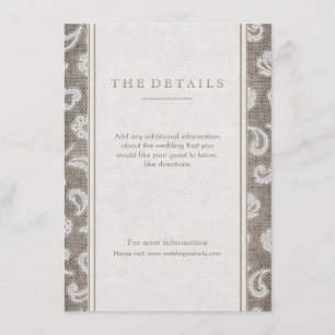 Dentelle et burlap carte de détail de mariage camp
