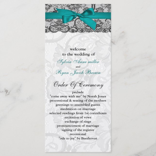 Dentelle et ruban aqua, programmes de mariage noir (Devant)