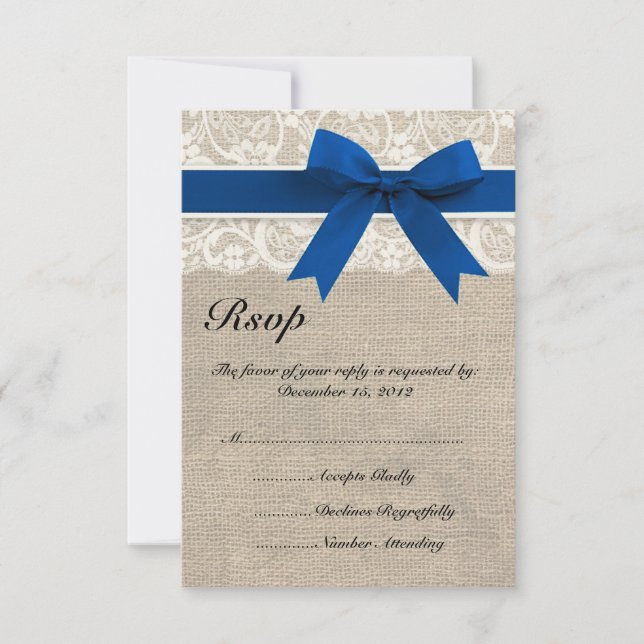 Dentelle et ruban bleu royal et carte RSVP Burlap (Devant)