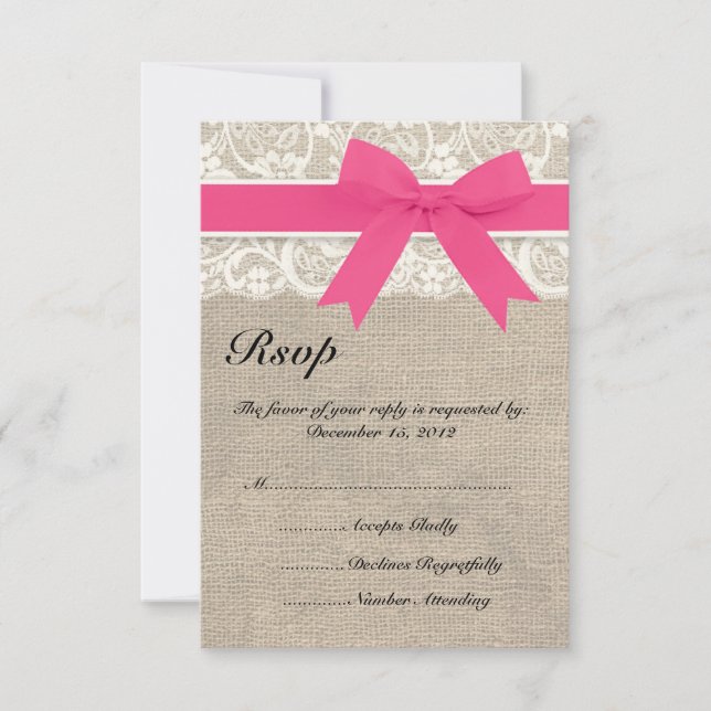 Dentelle et ruban rose et carte RSVP de mariage Bu (Devant)