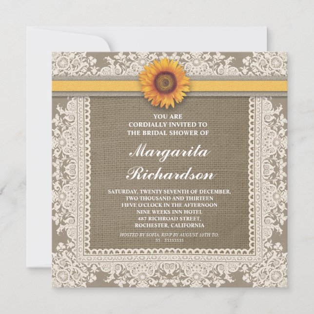 dentelle et tournesol nuptiale invitations à la do (Devant)