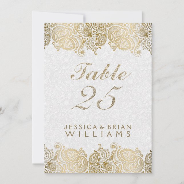 Dentelle Or Paisley Sur Numéro De Table Blanc (Devant)