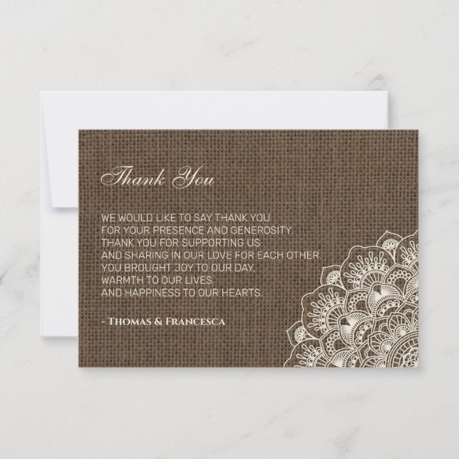 Dentelle philippine sur Burlap Carte de remercieme (Devant)