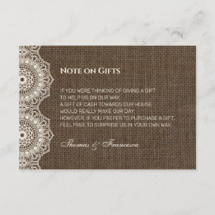 Dentelle philippine sur Burlap Guide Mariage Carte