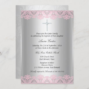 Dentelle rose & Baptême croisé / Invitation Christ
