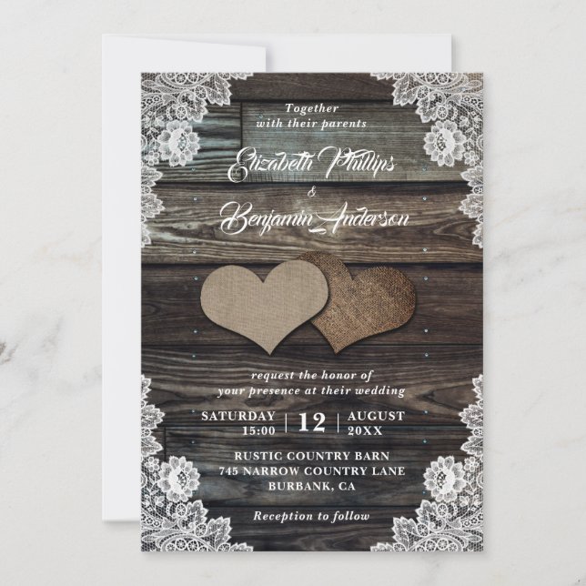 Dentelle Rustique Burlap Coeurs Mariage Invitation (Devant)