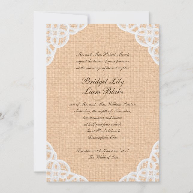Dentelle rustique et Faire-part de mariage Burlap (Devant)