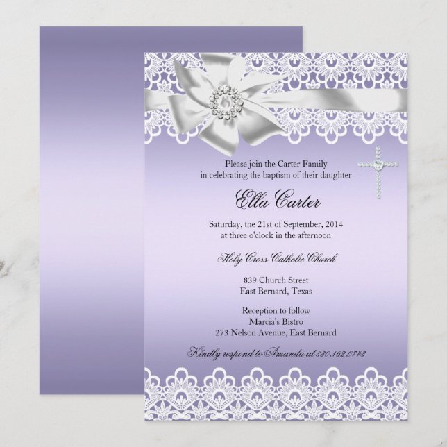 Dentelle violette Croix Fille Baptême Invitation (Devant / Derrière)