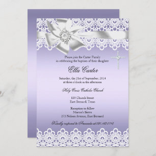 Dentelle violette Croix Fille Baptême Invitation
