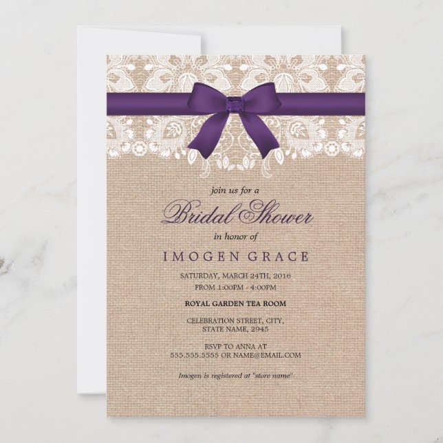 Dentelle violette et burlap Invitation de la douch (Devant)