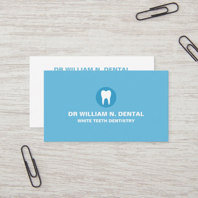 Dentist, dental blue business card with tooth logo (Front/Back In Situ)