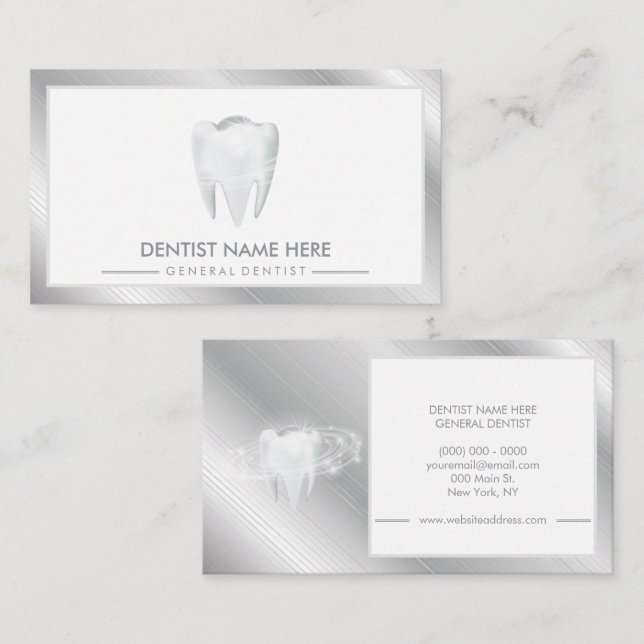 Dentist Dental Clinic teeth Whitening Smile Silver Business Card (Front/Back)