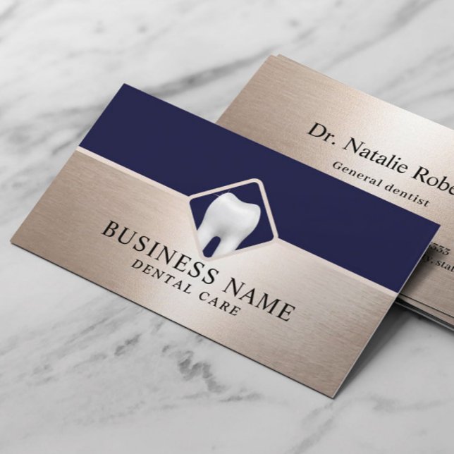 Dentist Elegant Gold & Navy Blue Dental Office Business Card (Creator Uploaded)