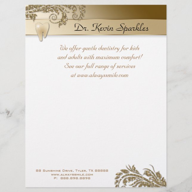 Dentist Flyer Tooth Logo Gold Leaves Glitter (Front)