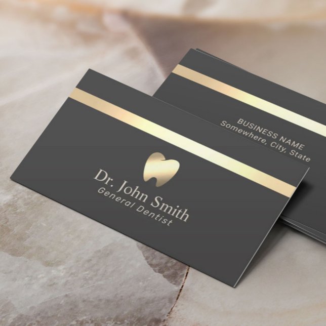Dentist Modern Gold Stripe Dark Grey Dental Care Business Card (Creator Uploaded)