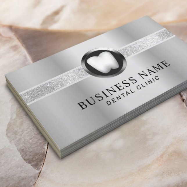 Dentist Modern Silver Metal Luxury Dental Office Business Card (Creator Uploaded)