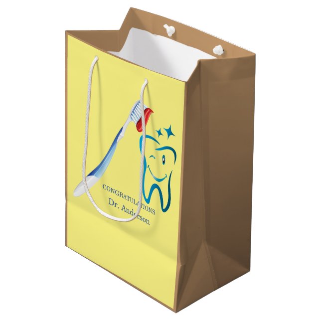 Dentist Monogram Cute Toothbrush Happy Tooth Medium Gift Bag (Front Angled)