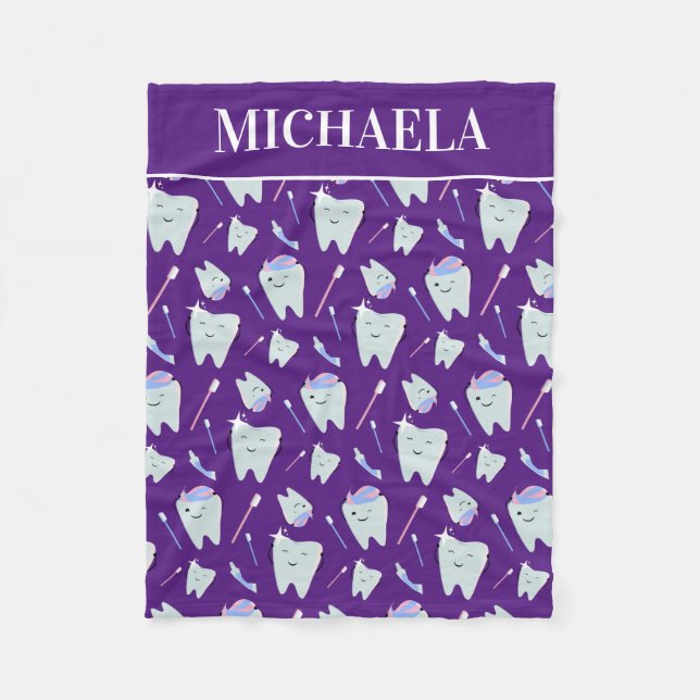 Dentist Name Dental Hygienist Tooth Pattern Purple Fleece Blanket (Front)