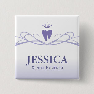 Dentist Name Tag Crown Tooth Purple 2 Inch Square Button