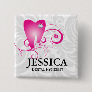 Dentist Name Tag Diamond Tooth Leaves Pink 2 Inch Square Button
