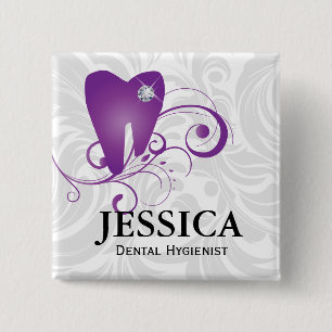 Dentist Name Tag Diamond Tooth Leaves Purple 2 Inch Square Button