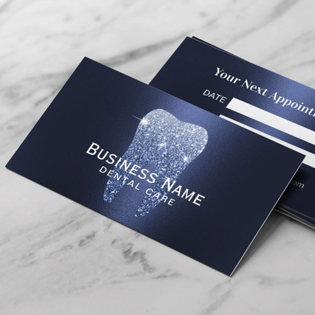 Dentist Navy Blue Glitter Tooth Metallic Dental Appointment Card (Creator Uploaded)