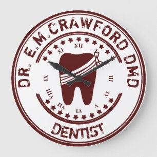 Dentist Rubber Stamp With Tooth And Your Name Large Clock
