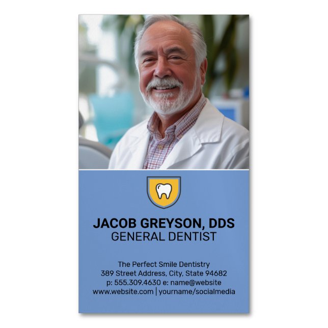 Dentist Smiling | Tooth Shield Icon  Magnetic Business Card (Front Vertical)