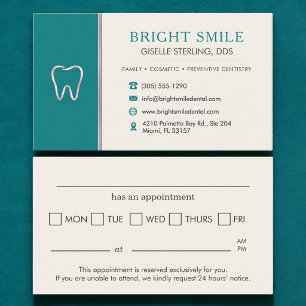 Dentist Teal Metallic Tooth Office Appointment Business Card