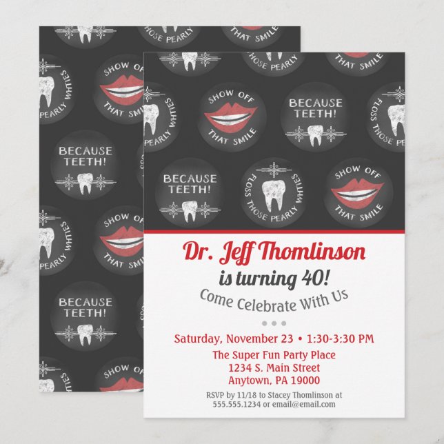 Dentiste Invitation Anniversaire Chalk Dental Part (Devant / Derrière)