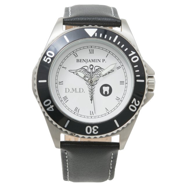 Dentistry Custom Name Elegant Black|White Watch (Front)