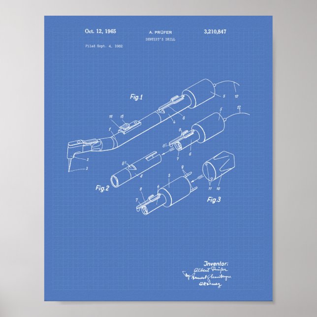 Dentist's Drill 1965 Patent Art Blueprint Poster (Front)