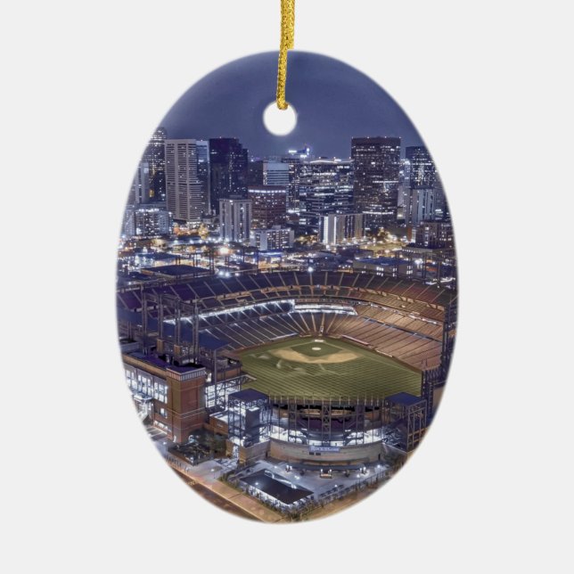 Denver City Skyline and Coors Field at Night Ceramic Ornament (Front)