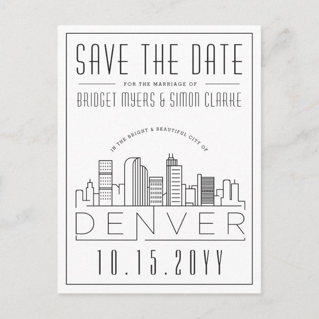 Denver, Co | Stylized Skyline Save the Date Postcard (Front)
