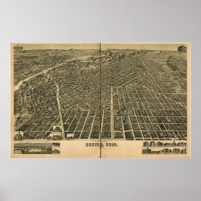 Denver Colorado 1889 Antique Panoramic Map Poster (Front)