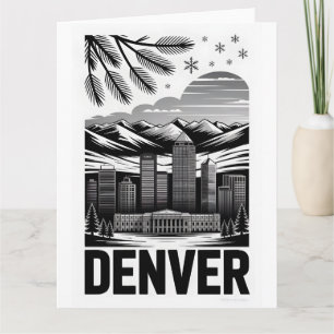 Denver Colorado Skyline Black White Woodcut Card