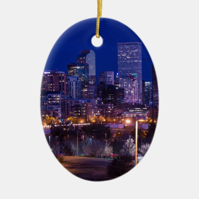 Denver Skyline At Night - Colorado Ceramic Ornament (Front)