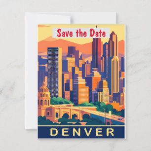 Denver Skyline Blue Vintage Wedding Invitation