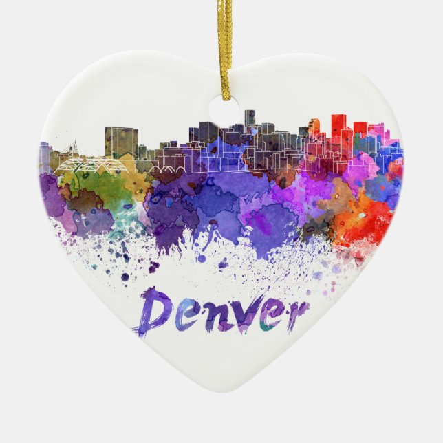 Denver skyline in watercolor ceramic ornament (Front)