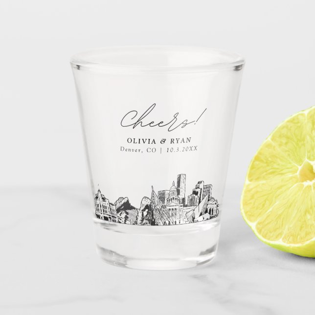 Denver Wedding Favour Personalized Cheers Shot Glass (Front)