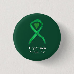 Depression Awareness Ribbon Green Heart Pin Button