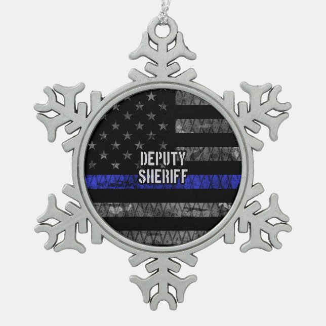 Deputy Sheriff Distressed Flag Snowflake Pewter Christmas Ornament (Front)