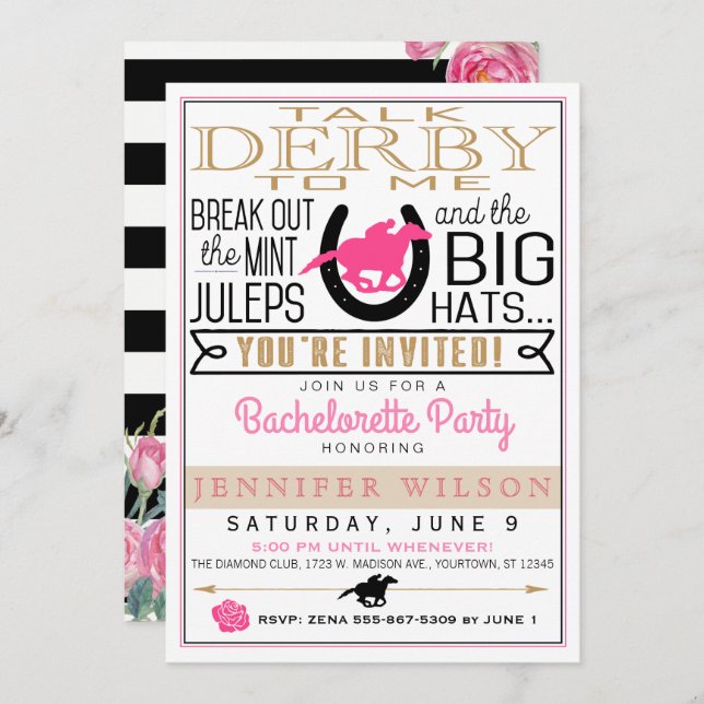 Derby Bachelorette Black/Gold/Pink Roses Custom Invitation (Front/Back)